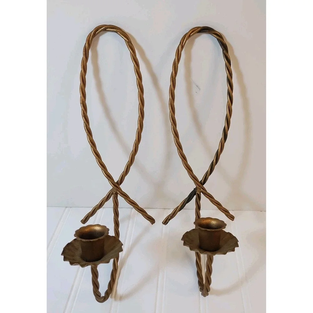 Pair Vtg Homco Braided Candle‎ Holders Twisted Wire Rope Metal Wall Sconces 2